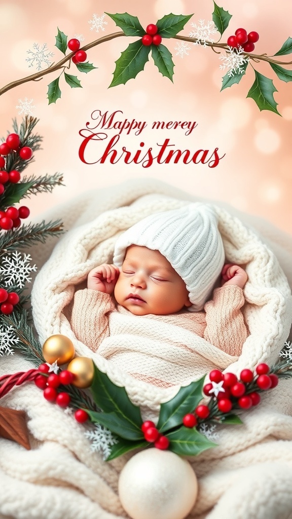 Creative Christmas Card Ideas for New Baby Announcements A Christmas card featuring a newborn baby in a Santa hat, surrounded by holiday decorations.